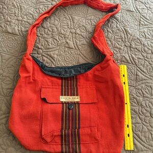 Red Shoulder Bag with Striped Detail